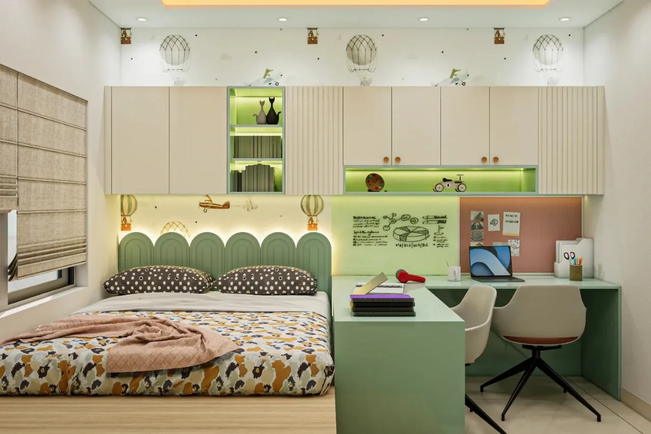 Kids Bedroom In Light Green Shade